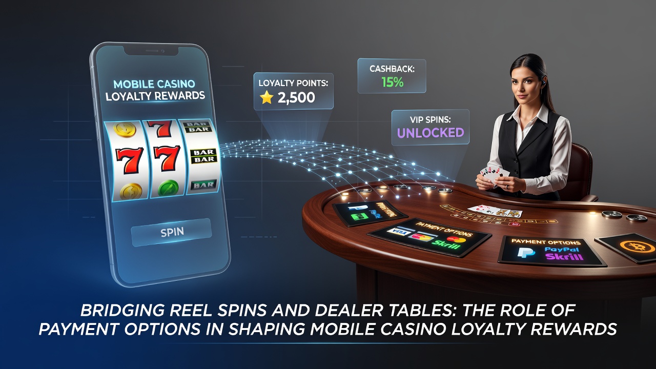 Darstellung mobiler Casino-Plattformen mit Walzen und Live-Tischen verbunden durch Zahlungsoptionen