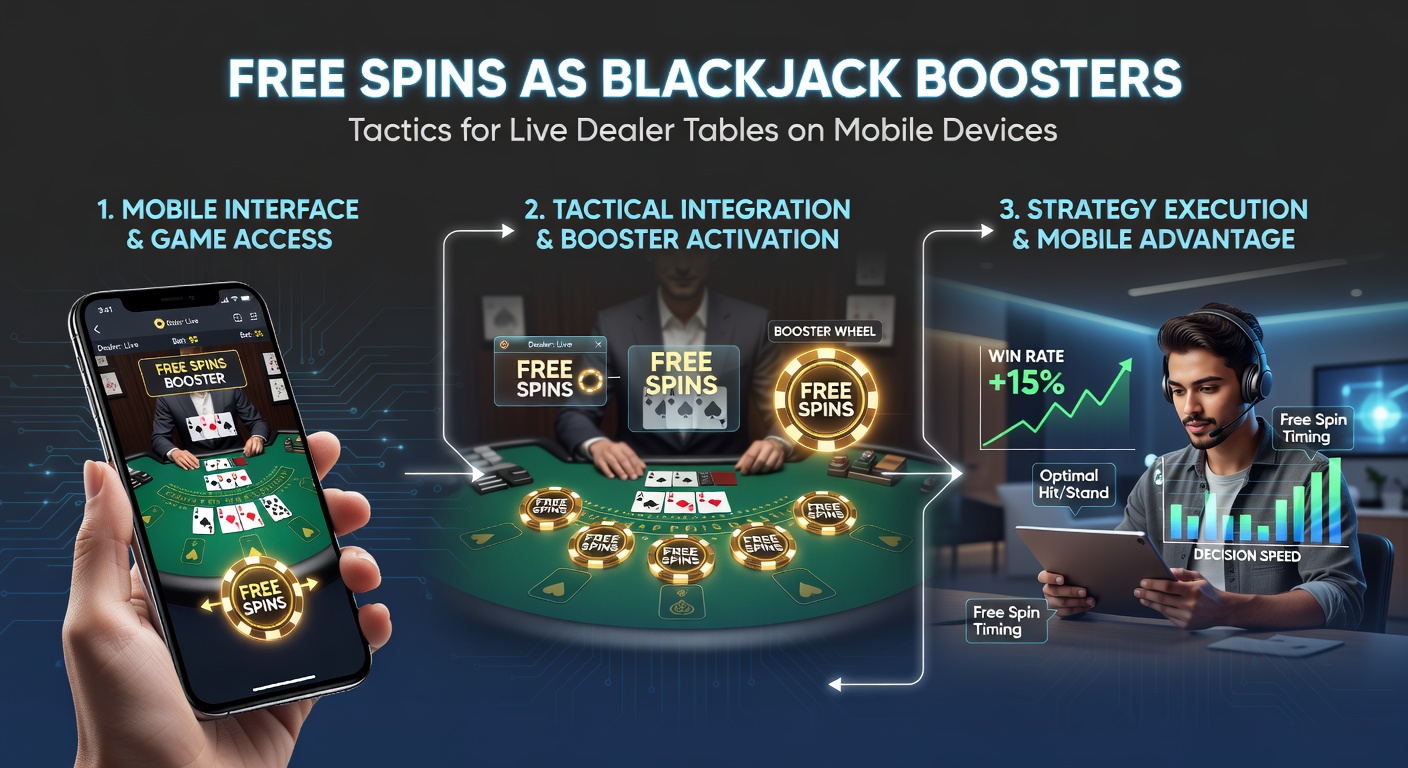 Live-Blackjack-Tisch auf Tablet mit Free-Spins-Overlay und Strategie-Chart, das taktische mobile Ansätze demonstriert