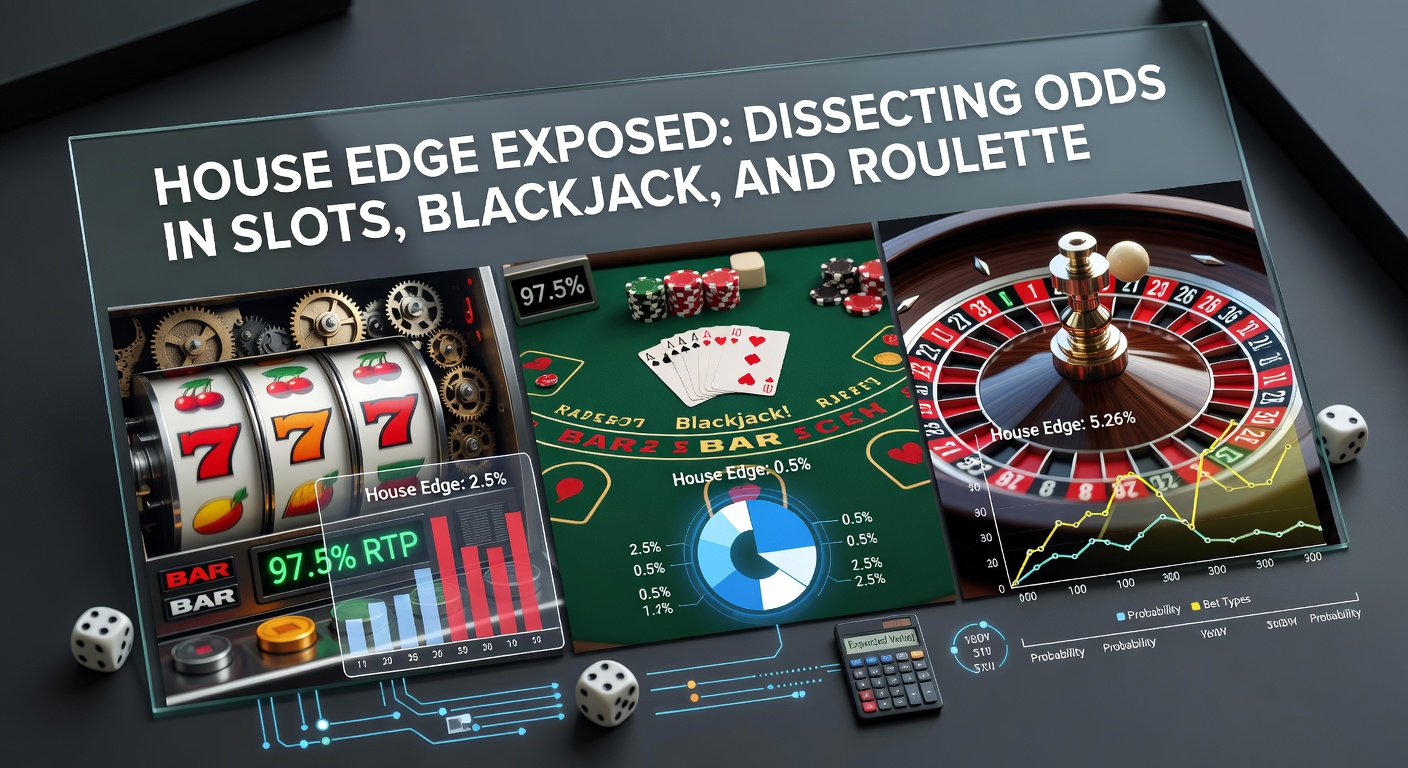 Grafische Darstellung des House Edge bei Casino-Spielen wie Slots, Blackjack und Roulette, mit Balkendiagrammen und Prozentzahlen