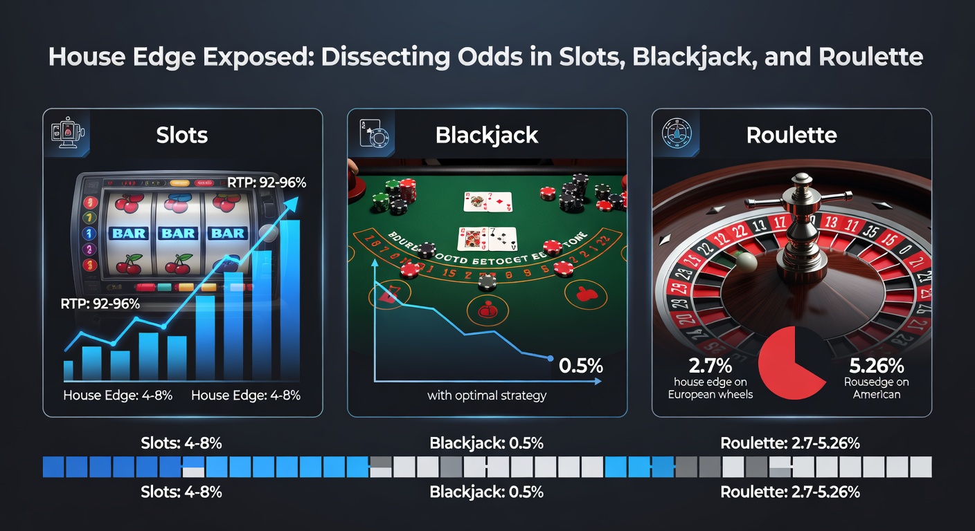 Detaillierte Infografik zum Vergleich von House Edge in Slots, Blackjack und Roulette, inklusive RTP-Prozentsätzen und Strategie-Tipps