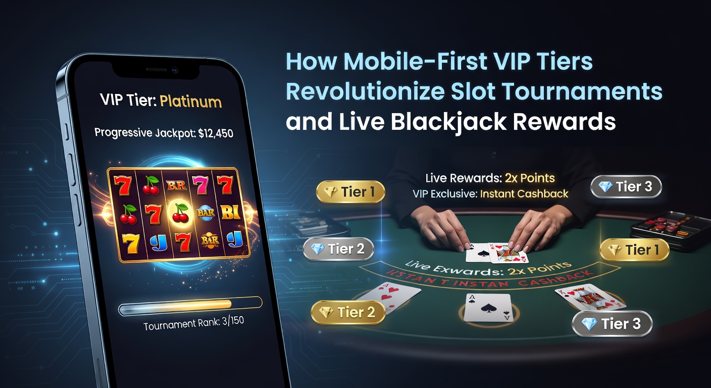 Smartphone mit Slot-Turnier-App und VIP-Belohnungen im Vordergrund, umgeben von Blackjack-Tischen und Leaderboards