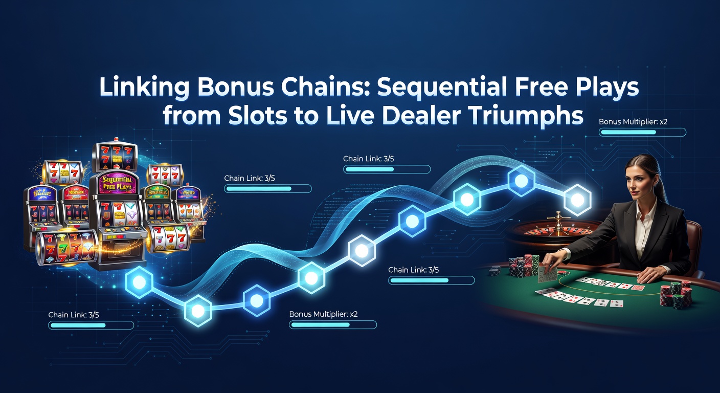 Illustration einer Kette aus glühenden Slot-Symbolen, die zu einem Live-Dealer-Tisch übergeht, symbolisierend Bonusübergänge in Online-Casinos