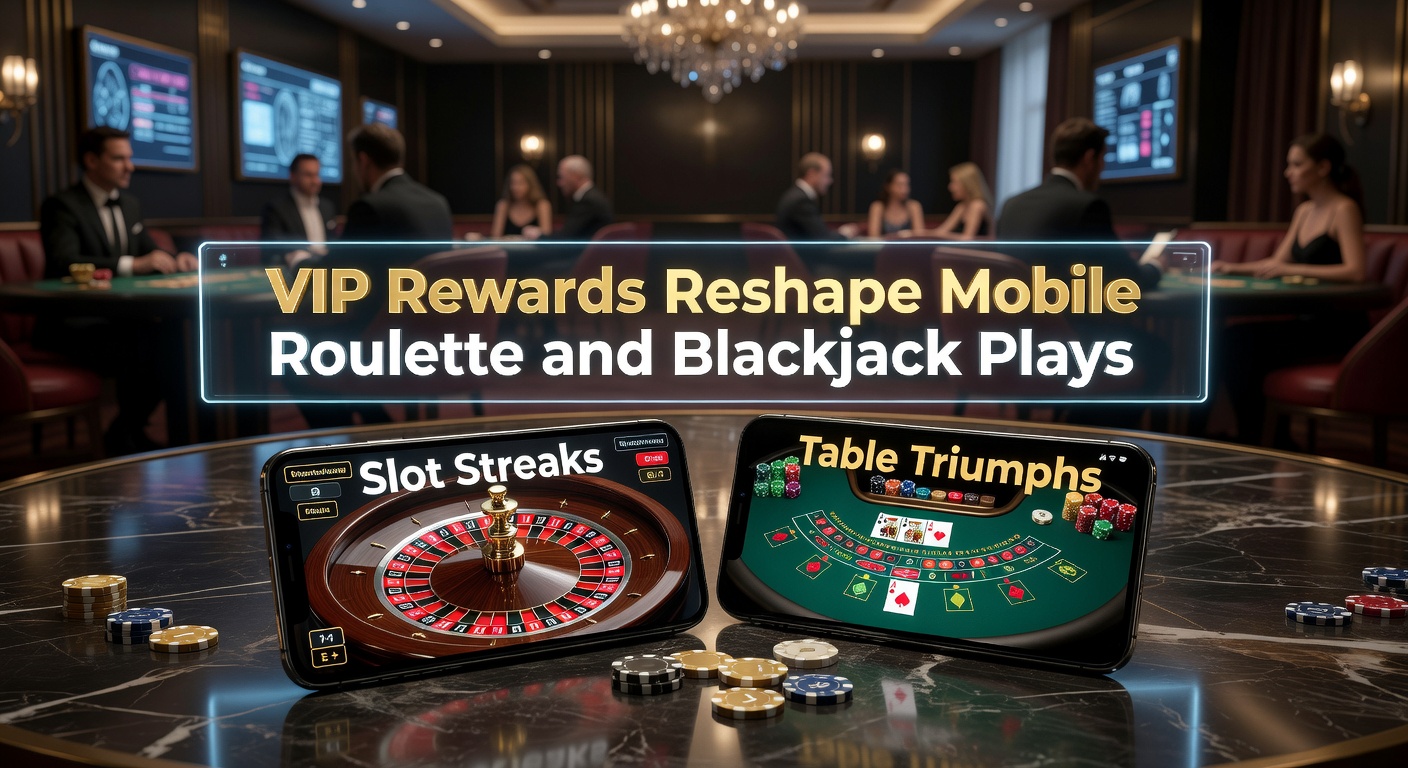 Smartphone mit laufendem Slot-Spiel und VIP-Belohnungsleiste im Vordergrund, umgeben von Roulette- und Blackjack-Tischen